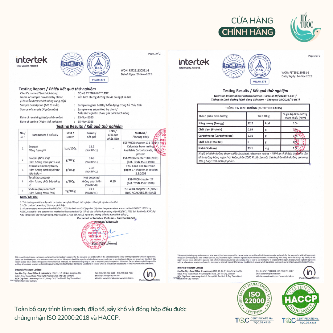 Yến chưng sẵn vị Đường Stevia, Cỏ ngọt và Lá dứa, 8 Gram Yến Tươi, Hũ 75ml (ăn kiêng)