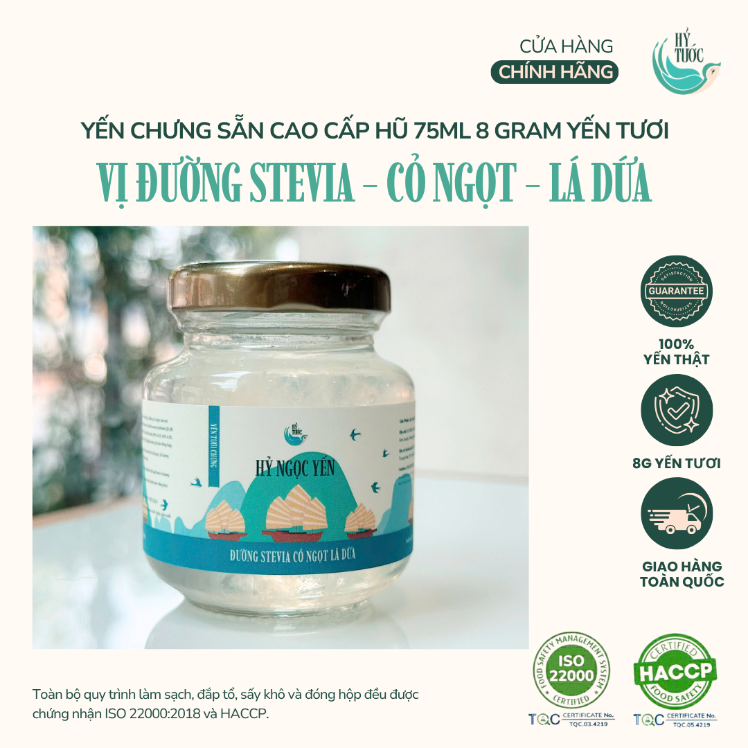 Yến chưng sẵn vị Đường Stevia, Cỏ ngọt và Lá dứa, 8 Gram Yến Tươi, Hũ 75ml (ăn kiêng)
