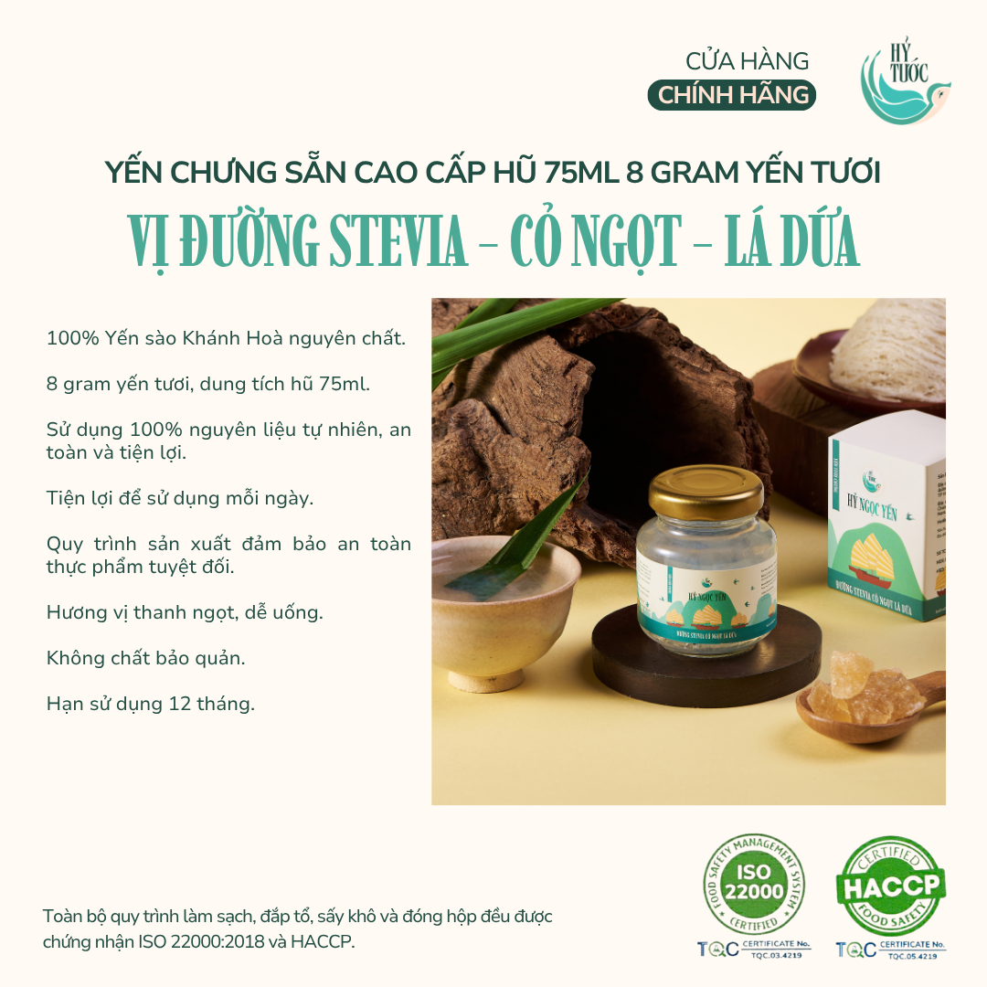 Yến chưng sẵn vị Đường Stevia, Cỏ ngọt và Lá dứa, 8 Gram Yến Tươi, Hũ 75ml (ăn kiêng)