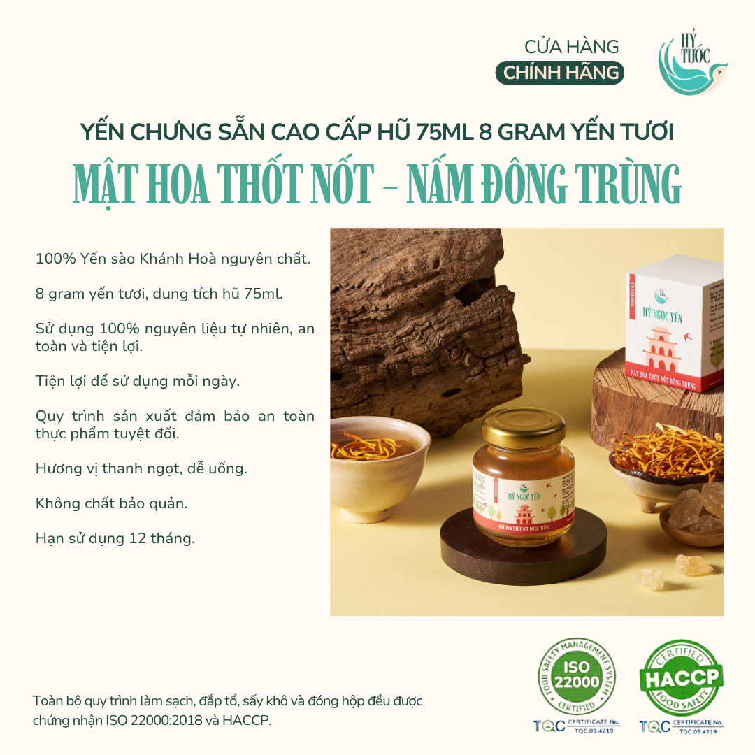 Yến chưng sẵn vị Mật hoa thốt nốt & Nấm đông trùng, 8 gram yến tươi, hũ 75ml