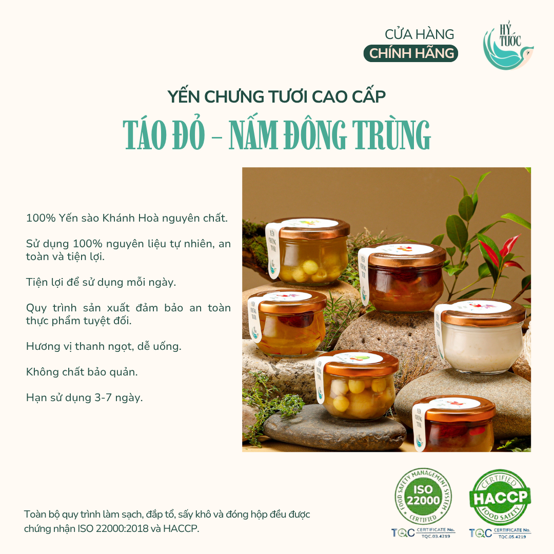 Yến Chưng Tươi Vị Táo Đỏ và Nấm Đông Trùng Hũ 100ml, 150ml