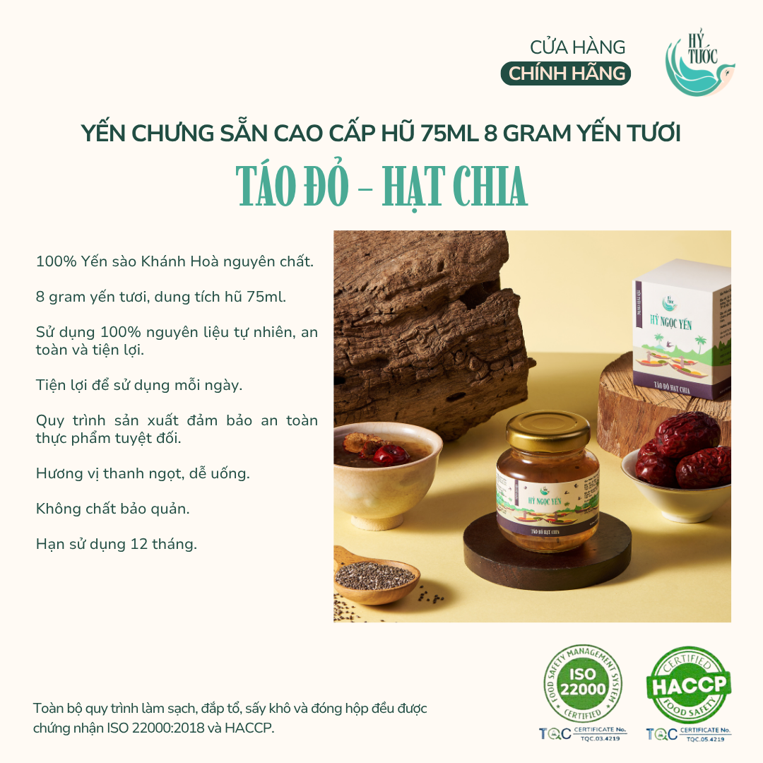 Yến chưng sẵn vị Táo đỏ & Hạt chia, 8 gram yến tươi, hũ 75ml