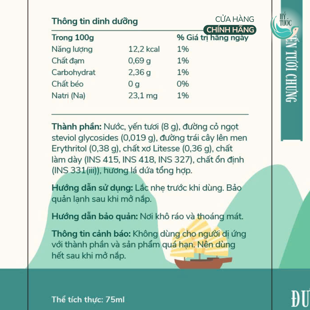 Yến chưng sẵn vị Đường Stevia, Cỏ ngọt và Lá dứa, 8 Gram Yến Tươi, Hũ 75ml (ăn kiêng)